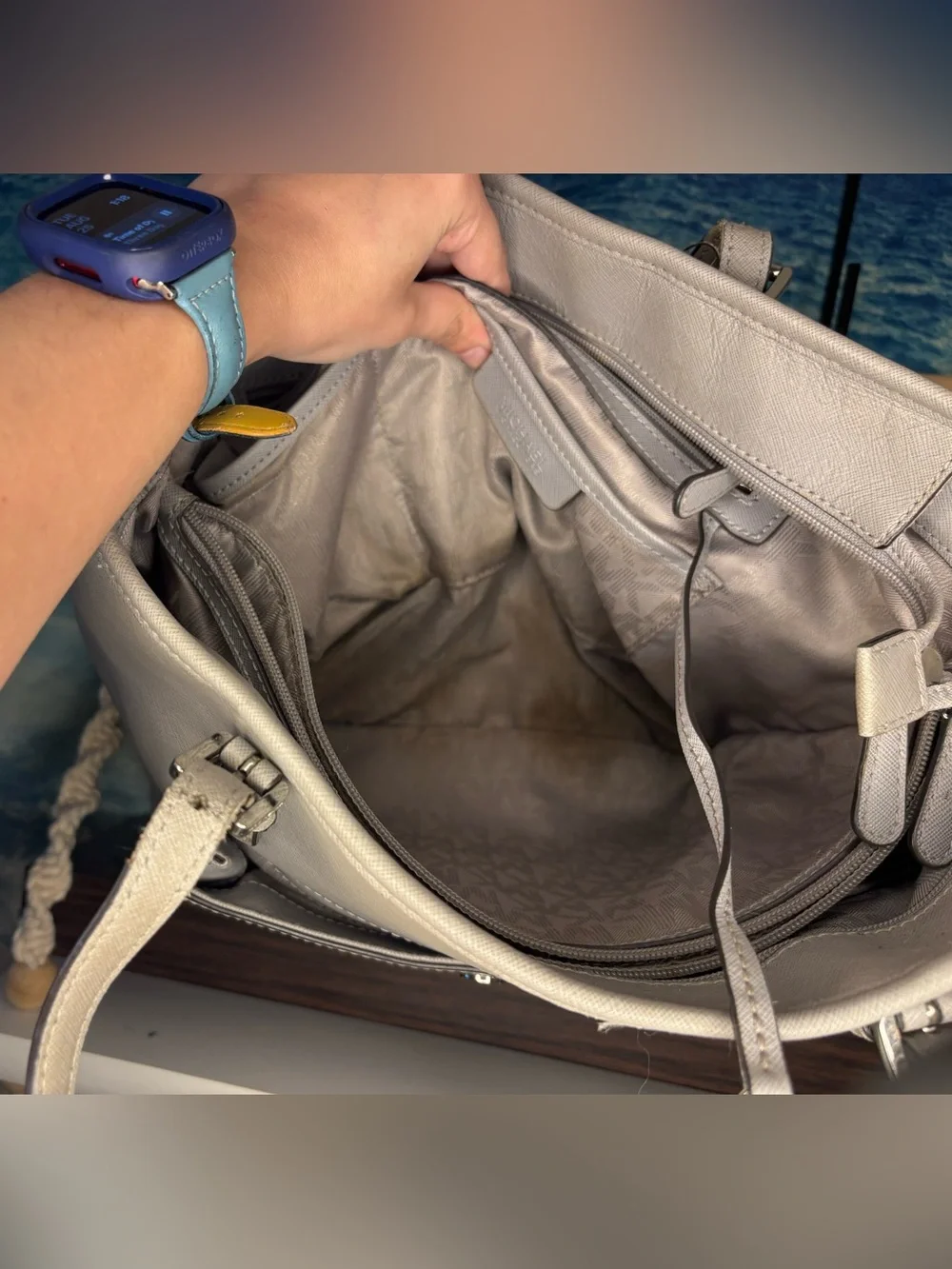 Michael Kors Leather Snap Pocket Tote Bag in Taupe Gray